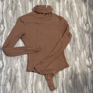 Brown Ribbed Turtleneck Bodysuit